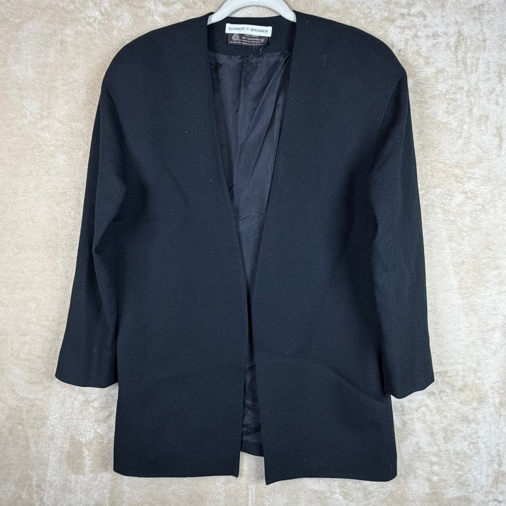 Eleanor P Brenner Vintage Black Wool Open Front Blazer Jacket Women Size‎ 6
